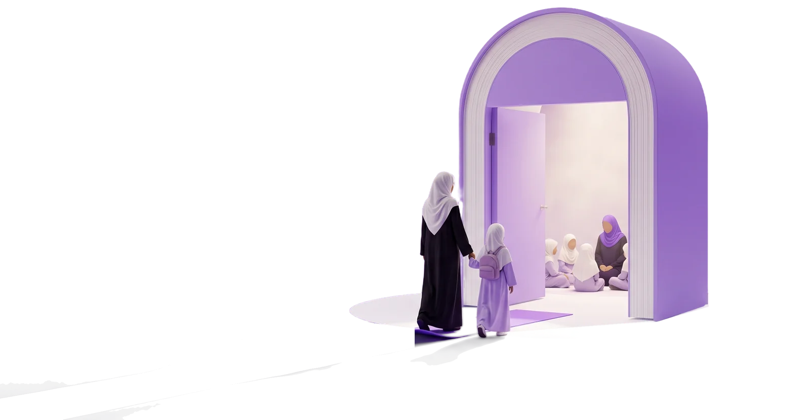 Une mère et sa fille marchent sur un chemin violet vers une porte ouverte dans une arche en forme de livre, où une classe est assise avec son enseignante.