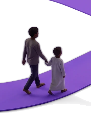 Deux enfants, un grand et un plus jeune, marchent main dans la main sur le chemin violet.